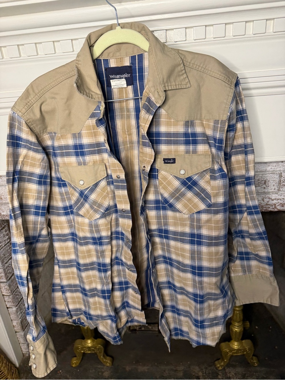 Wrangler Blue and Beige Plaid Western Shirt pearl snaps heavy canvas 100% cotton